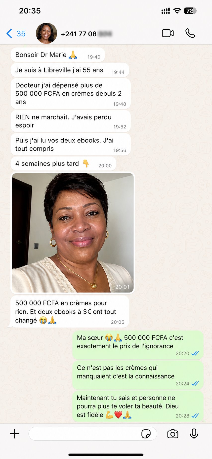 Témoignage WhatsApp d'une cliente de Libreville